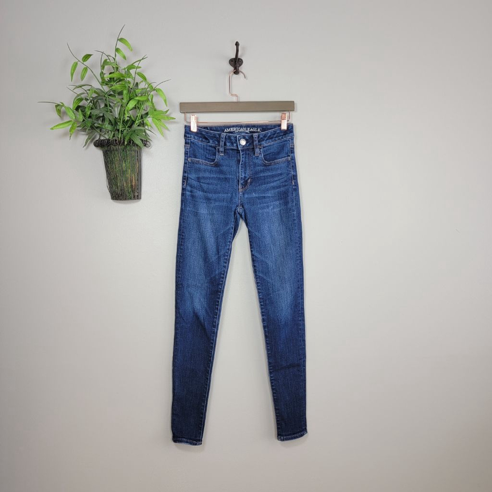 American Eagle Skinny Jeans Hi Rise Jegging Dark Blue Wash Super Stretch AE 2 L